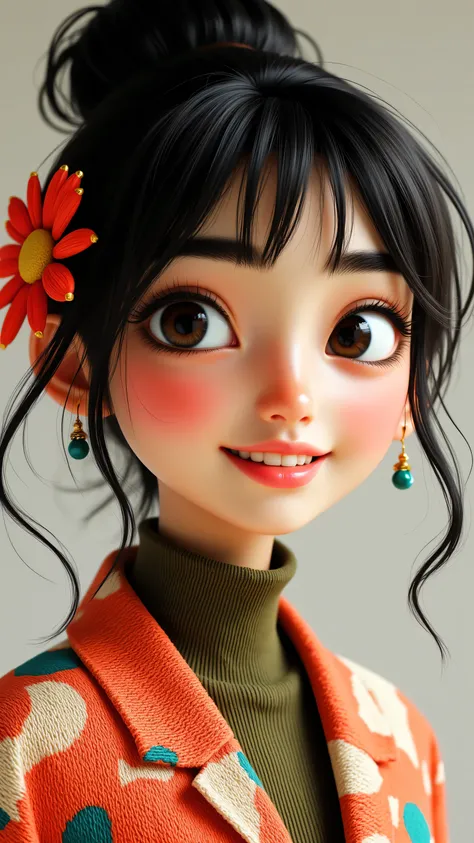 8k, Masterpiece, Top Quality, 3D animated character, Beautiful Women, big expressive eyes,  Pixar style, high detail, vibrant colors, cheerful expression,, close-up. dark hair, updo, flower, prominent eyebrows, rosy cheeks, full lips, dangling earrings. co...