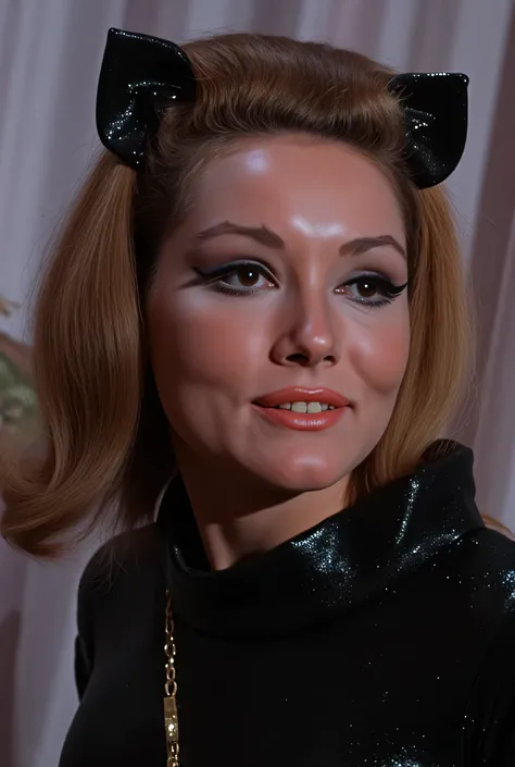  tallulah bankhead,.wearing eye mask, full face only shot, smiling, Dressed in a black tight-fitting , closed to the neck ,  latex metallized catsuit .
