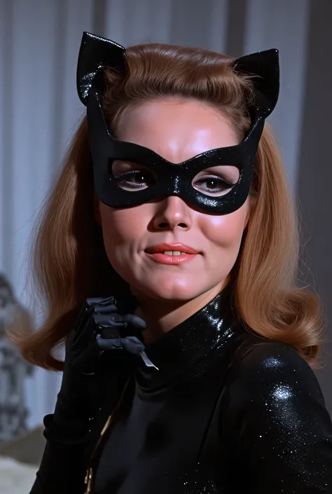  tallulah bankhead,.wearing eye mask, full face only shot, smiling, Dressed in a black tight-fitting , closed to the neck ,  latex metallized catsuit .