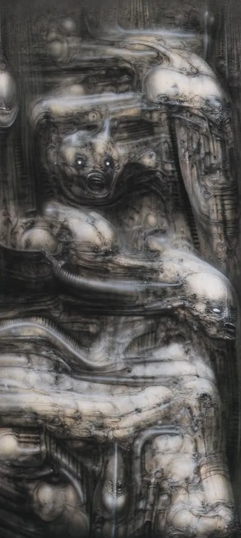 DARK BLACK COLORS. Giger_style, H. R. Giger's g1g3r, , Giger_style. Please reproduce the original image as accurately as possible, capturing the intricate details of the biomechanical structures, the dramatic lighting, and the overall sense of unease. Find...