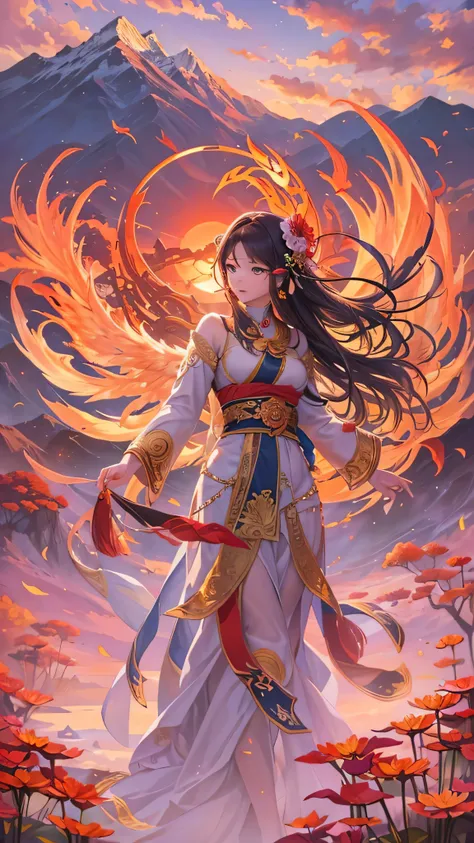 ( Masterpiece,  top quality: 1.2), a girl with  Phoenix wings standing in a ring of fire, Red eyes glow,  Phoenix, Lotus flower, Red Gold Pink,  sunrise over the mountains in the background、Tibetan mountains 々Background。