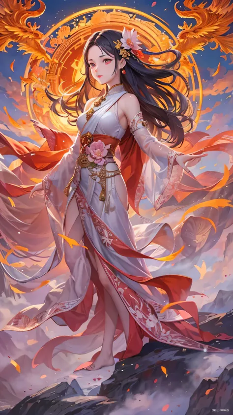 ( Masterpiece,  top quality: 1.2), a girl with  Phoenix wings standing in a ring of fire, Red eyes glow,  Phoenix, Lotus flower, Red Gold Pink,  sunrise over the mountains in the background、Tibetan mountains 々Background。