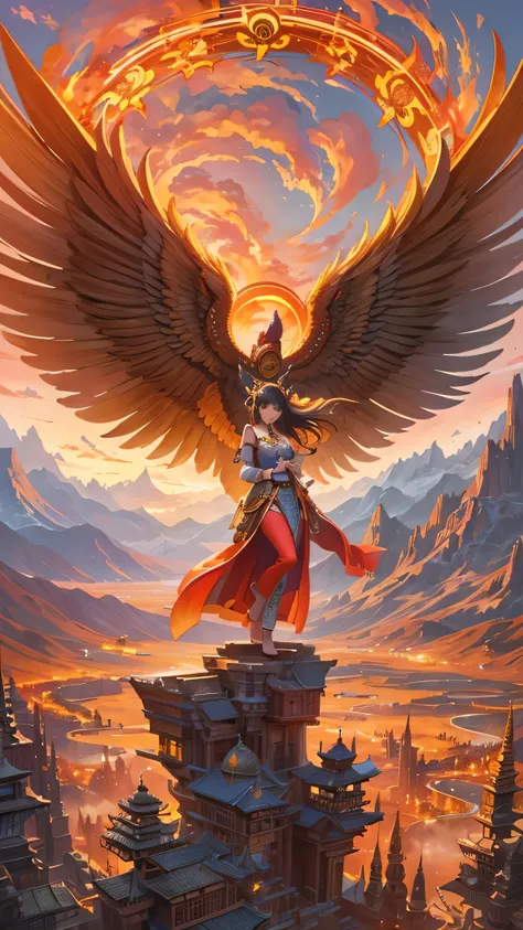 ( Masterpiece,  top quality: 1.2), A girl with  Phoenix wings standing in a ring of fire, Orange flames glowing ,  Phoenix, Lotus flower, gold、red、 pink,  sunrise over the mountains in the background、Tibetan mountains 々Background。