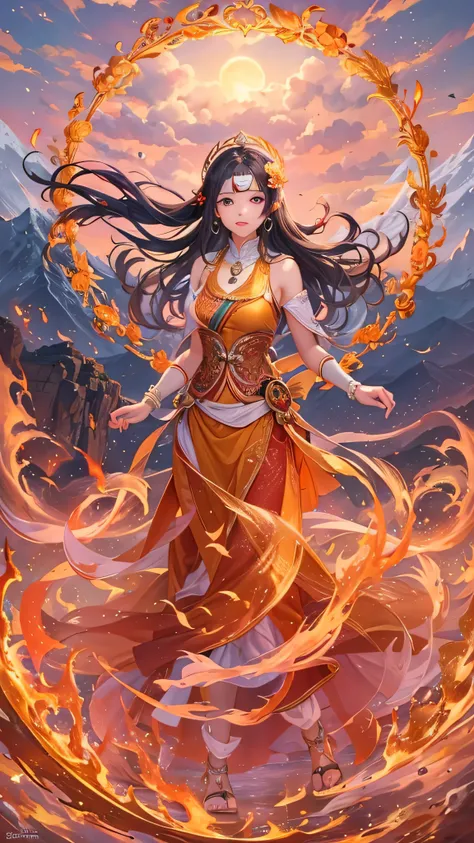 ( Masterpiece,  top quality: 1.2), A girl with  Phoenix wings standing in a ring of fire, Orange flames glowing ,  Phoenix, Lotus flower, gold、red、 pink,  sunrise over the mountains in the background、Tibetan mountains 々Background。