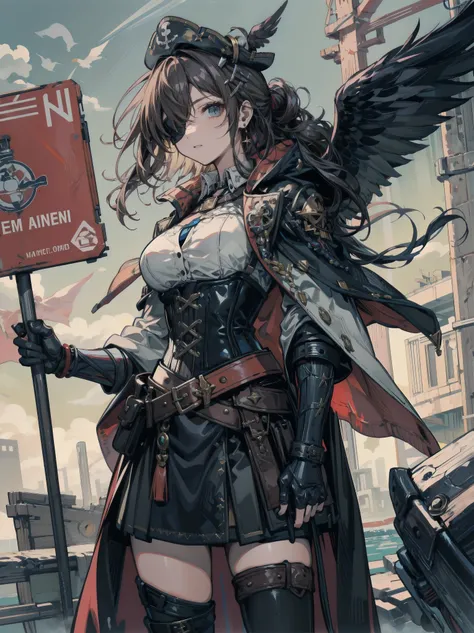 earring, large breasts, wavy hair, hair behind ear, very short hair, updo, hair ornament, (black hair:1.2), cowboy shot, outdoor, Practical pirate clothing, Long-sleeved pirate top, Skirt, coat, corset, black cape, Eagle, half eyepatch, (prosthetic arm:1.2...