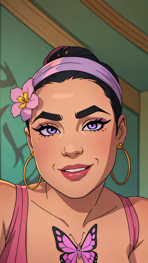 a close up of a woman with a butterfly tattoo on her chest, thick fancy makeup, big bold thick eyebrows, heavy eyebrows, sexy face with full makeup, full face close up portrait, large eyebrows, her face is a mauve flower, huge earrings and queer make up, h...