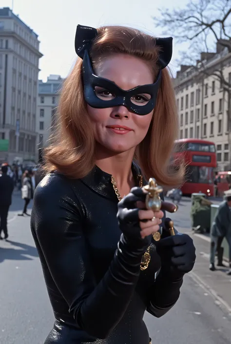 Diana rigg wearing emma peel catsuit, unzipped , cleavage.1966 picadilly circus. Wearing black eye mask.  Wearing black knee high leather boots.