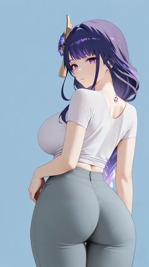 masterpiece, extremely detailed,4k,solo,1girl,adult ,((fullbody)),raiden shogun,slim body, sexy legs,perfect body,perfect skin texture,large breasts,housewife,grey short pants,white tshirt, soft light, high detailed, best quality, upper body,looking at vie...