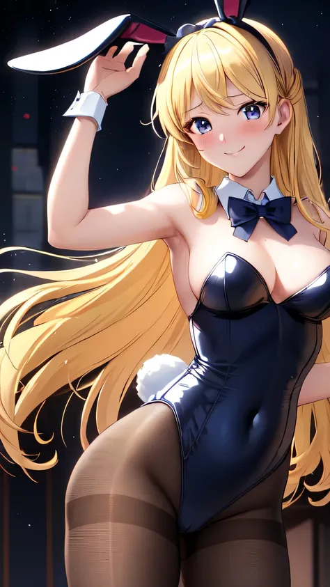 Masterpiece,  top quality,  Ultra Detailed, 8K, Anime, Upper body shoot, (Venus Aino Minako), 1girl, blonde long hair, bunny suit, pantyhose, rabbit ears hairband:1.2, wrist cuffs, navy bowtie, charming smile, slightly embarrassed