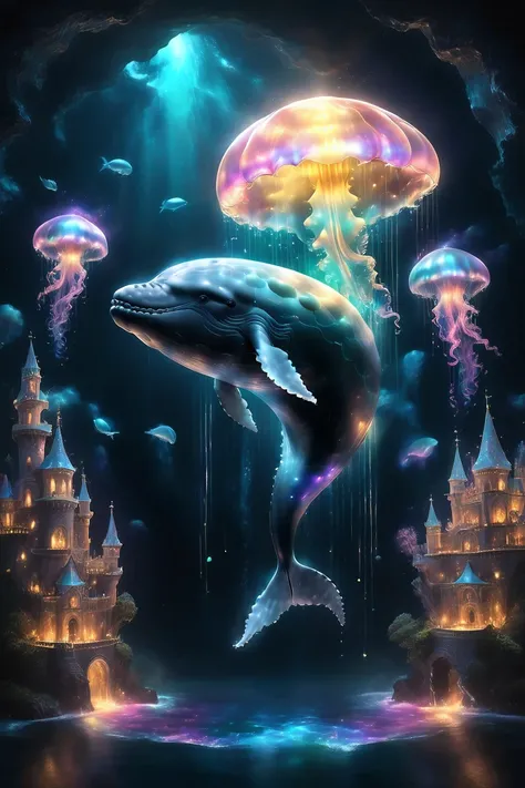 "A dreamy, ethereal world filled with soft pastel clouds, sparkling light reflections, and a golden glow, a Whale, gazing at a magical castle in the distance. Floating translucent jellyfish-like creatures shimmer with iridescent hues, creating a serene and...
