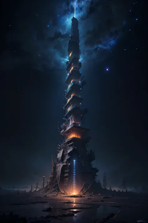 babel giant tower, top quality, masterpiece, Desolate Earth, wreckage, night Sky, surrealism 