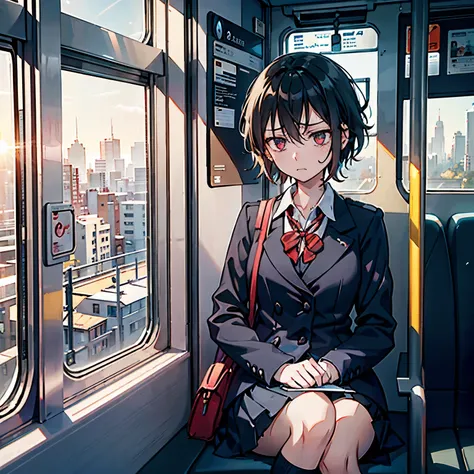 A high school girl is on a train during her morning commute, holding her broken earphones with a troubled expression. She is wearing a school uniform and looking at her smartphone screen with a sigh. One earphone is in her hand as she tries to plug it in, ...