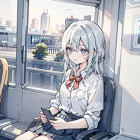 A high school girl is on a train during her morning commute, holding her broken earphones with a troubled expression. She is wearing a school uniform and looking at her smartphone screen with a sigh. One earphone is in her hand as she tries to plug it in, ...