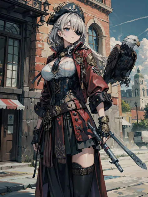 earring, large breasts, wavy hair, hair behind ear, very short hair, updo, hair ornament, (black hair:1.2), cowboy shot, outdoor, Practical pirate clothing, Long-sleeved pirate top, Skirt, coat, corset, black cape, Eagle, half eyepatch, (prosthetic arm:1.2...