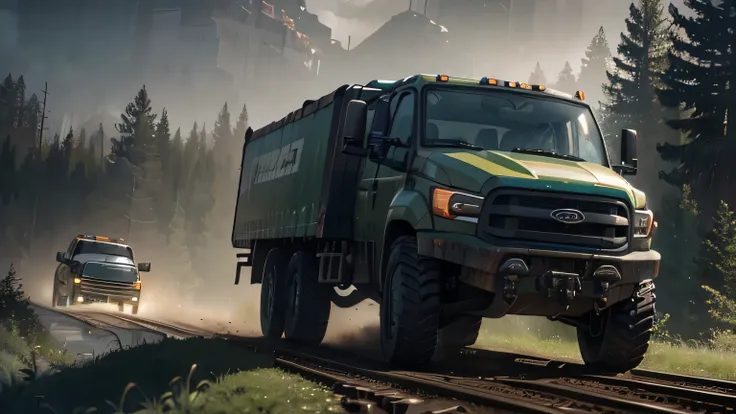 A giant powerful truck, detailed mechanical parts, massive wheels, digging muddy ground, constructing railroad track, dense green forest, moody lighting, realistic 4k, cinematic lighting, photorealistic, highly detailed, octane render, intricate details, g...