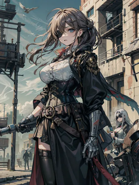 earring, large breasts, wavy hair, hair behind ear, very short hair, updo, hair ornament, (black hair:1.2), cowboy shot, outdoor, Practical pirate clothing, Long-sleeved pirate top, Skirt, coat, corset, black cape, Eagle, half eyepatch, (prosthetic arm:1.2...