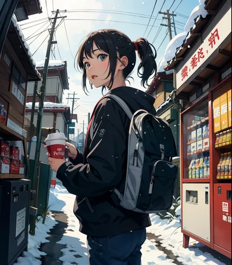  Masterpiece，   top quality ，  Hi-Res，(  cute little sow  ，  flat shading to drip saliva into a cup)，   Fisheye Lens ，冬の日本のBackstreets，Backstreets，Japanese beverage vending machine,     Retro Style    ，  A female junior high school student who seems to lik...