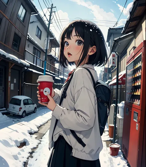  Masterpiece， top quality， Hi-Res，(  cute little sow ， flat shading to drip saliva into a cup)， Fisheye ，の日本のBackstreets，Backstreets，Japanese beverage vending machine,   Retro Style ， female middle school students who seem to like going to school，snow景色，sn...