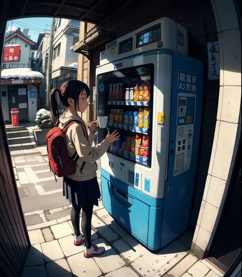  Masterpiece， top quality， Hi-Res，(  cute little sow ， flat shading to drip saliva into a cup)， Fisheye ，の日本のBackstreets，Backstreets，Japanese beverage vending machine,   Retro Style ， female middle school students who seem to like going to school，snow景色，sn...