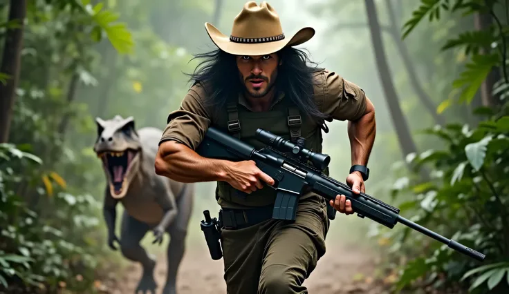 A rugged man with long black hair reaching his shoulders, wearing a beige cowboy hat and a dark tactical vest, runs at full speed through a dense prehistoric jungle. He grips a sniper rifle tightly, holding it in front as he races away from the pursuing di...