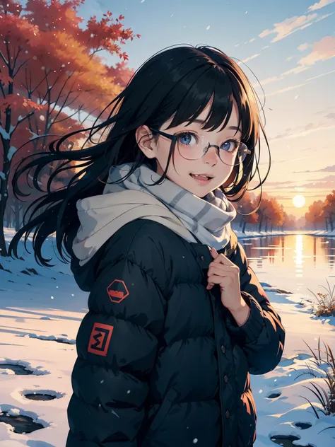  Masterpiece，  top quality， Hi-Res ，( Super Flats ， flat shade )，Glasses， beautiful black hair ，   fteethheye lens， Is a rateethed pig 、  and a cute little daughter 、  is an adorable young mother :1.25， warm scarf ， down jacket ，( )， long hair， Bbo~，smile,...