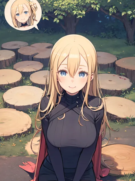 Smiling woman sitting on a stump、 upper body、Cross section of a tree 、Tree rings 、 angles from above、 blonde hair、hair between eyes、 long hair、 blue eyes、Big Breasts、 turtleneck sweater 、Lipseta、Cape、 pencil skirt、