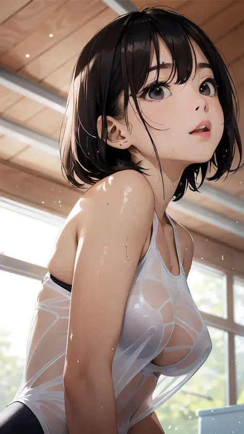 (( Ground, looking up from below, buttocks emphasized))(Wooden indoor heated pool     )(   twin tail hair   )((    Tiny Breasts    ,  Accentuate the fullness of your bust ))( (   Young Elementary School Girls   、))、   black hair、(   see-through)、  Backgrou...