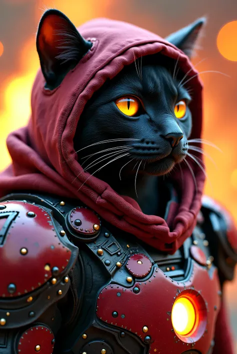 Cat in power armor iron man hoodie adeptus mechanicus, eyepieces, finely detailed armor, looking away, encrusted with skulls, black and red, warhammer 40k, dark tones, fire burning empire of Rome in the background, sparks, cinematic lighting, intricate hyp...