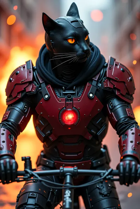 The black Cat  in power armor iron man hoodie adeptus mechanicus, eyepieces, finely detailed armor, looking away, encrusted with skulls, black and red, warhammer 40k, dark tones, fire burning empire of Rome in the background, sparks, cinematic lighting, in...