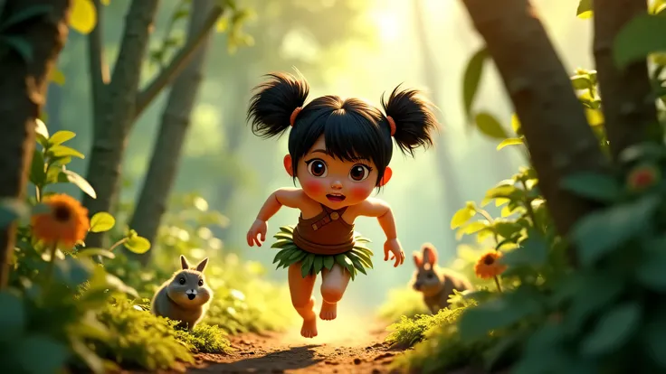 In the dense jungle, Uwu is sprinting in fear, her tiny arms flailing slightly as she dashes through the thick foliage. She wears a simple brown Tarzan-style top, like a rough cloth or animal hide, paired with a leafy skirt, making her look like a little j...