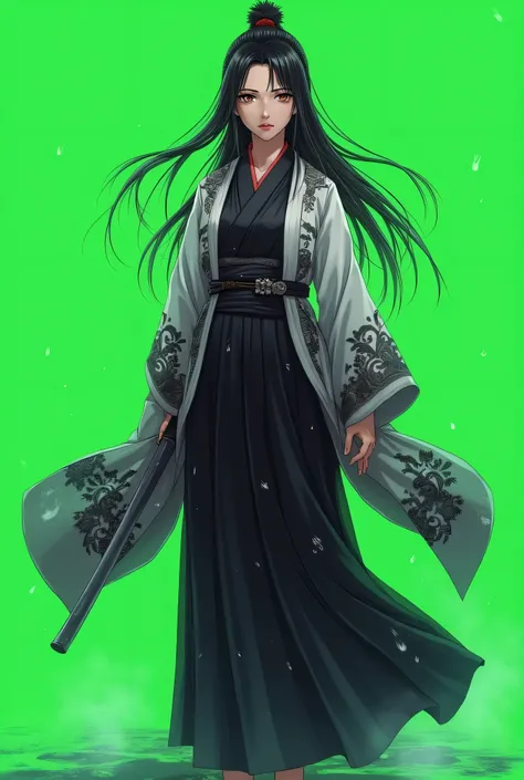 A female samurai standing in a traditional pose, wearing a flowing black and white kimono with intricate patterns, slightly wet from the rain. The fabric moves subtly with the wind, and her long hair flows naturally, strands sticking slightly due to moistu...