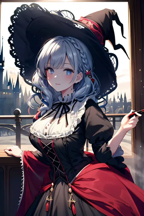 ( fantasy art :1.3),( Grimm's fairy tale world ),(  Portrait of a Witch with a Magic Wand :1.3),(apple),(Cinderella Castle in the background :1.3),(((  Victorian Gothic Dress :1.3))),(((Black witches wear , Large hat  :1.3))),(Dress Highlighting Big Breast...