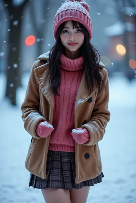 (masutepiece:1.3, Photorealsitic:1.4, 8K), top-quality, ​masterpiece, 超A high resolution, Perfect dynamic composition, Highly detailed skin and facial texture:1.3, A detailed eye, Detailed limbs, Winters, (snowflakes falling:1.2), Snowfall landscape at nig...