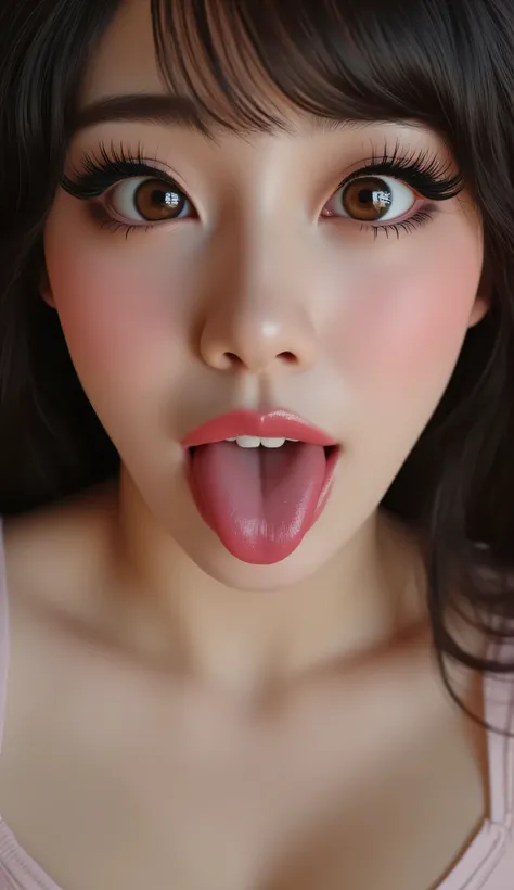 ((Best Quality, 8K, Masterpiece: 1.3)), beautiful Asian Korean e-girl streamer makeup, push-up tank top that emphasize perfect big cleavage, presenting their cleavage close to you, amazing breast enhancement, hard blush make up: 1.5, perfect long strong wi...