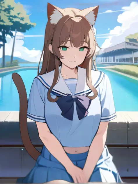 masterpiece, best quality, high quality, beautiful anime character, solo, anime girl with brown hair, soft hair, long hair, green eyes, cat ears, mature female, tall female, big girl, thick, (calming face, light smile, loving eyes), outdoors, (sailor unifo...