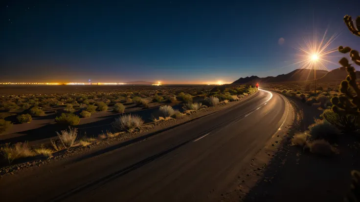 A distant motorcyclist crossing a desert at night,  side view, panoramic