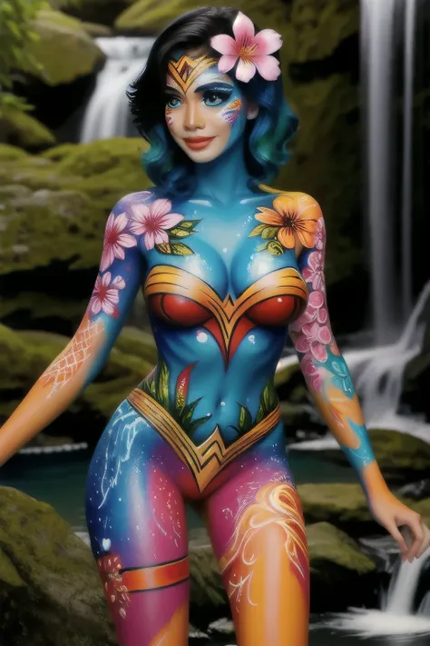 ((( Ultra-HD quality details )))  a beautiful and exuberant girl ,  body painting ww-colored ,  huge breasts,  cleavage , Face painting too  , full body painted,   in the waterfall background with colorful flowers all over the scene