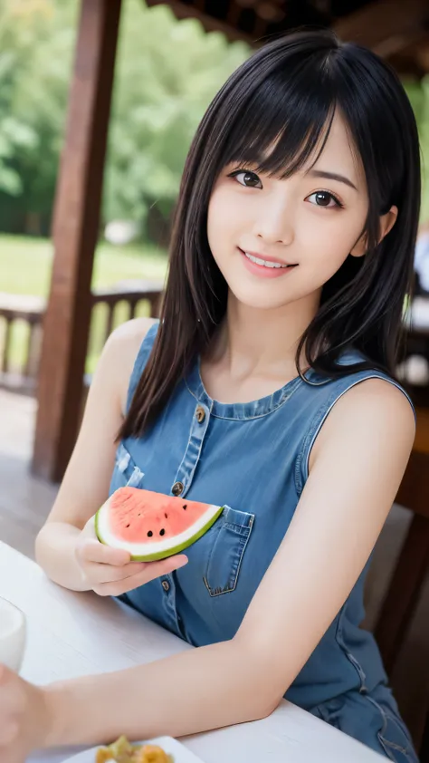 (Close up portrait of slender small-breasted two side up black medium hair with bangs girl in a white T-shirt:1.5)、(One girl is eating watermelon with happy smile at the verandah of old country house in Japan:1.5)、(Summer beautiful blue sky:1.5)、(blurred b...