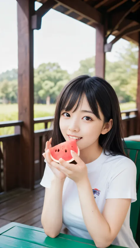 (Close up portrait of slender small-breasted two side up black medium hair with bangs girl in a white T-shirt and she is sitting at the Japanese style old verandah of old house in Japan :1.5)、(The girl is eating the piece of big watermelon with open her mo...