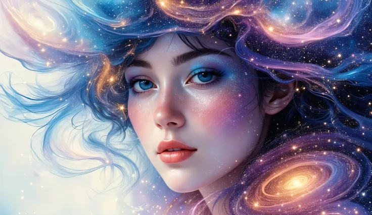 dreamy double exposure watercolor portrait, beautiful woman's face partially formed by cosmic elements, her hair seamlessly transitioning into spiral galaxies and stellar clouds, soft pastel colors mixed with deep space blues and purples, ethereal atmosphe...