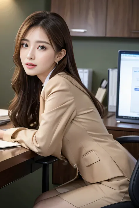 masterpiece、 best quality 、 real 、 very detailed on trends、 with finer details、High Resolution、8k wallpaper、1 beautiful woman、At the office、 Light Brown Disheveled Hair、 perfect dynamic configuration、 beautiful beautiful eyes、 Big Earrings 、 sitting on a c...