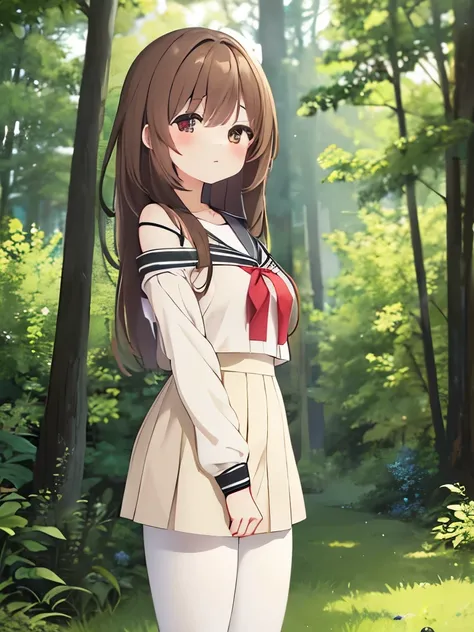 1animegirl, medium brown floral hair, precious thighs, wearing a white sailor uniform, off-shoulder slim light beige romper, black spendex leggings, standing in the middle of a forest, tired, cute, absurdres, high res, ultrasharp, 8K, masterpiece,  