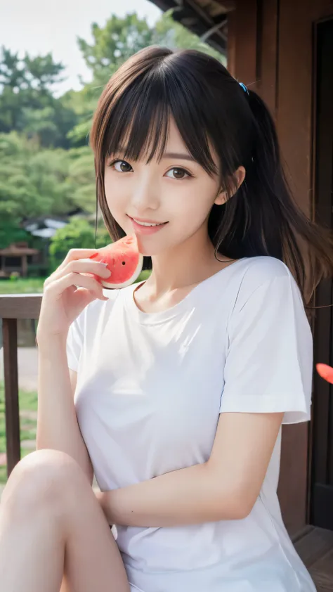 (Close up portrait of slender small-breasted two side up black medium hair with bangs girl in a white T-shirt:1.5)、(One girl is eating the piece of big watermelon with open her mouth happy smile at the Japanese style old verandah of old house in Japan:1.5)...