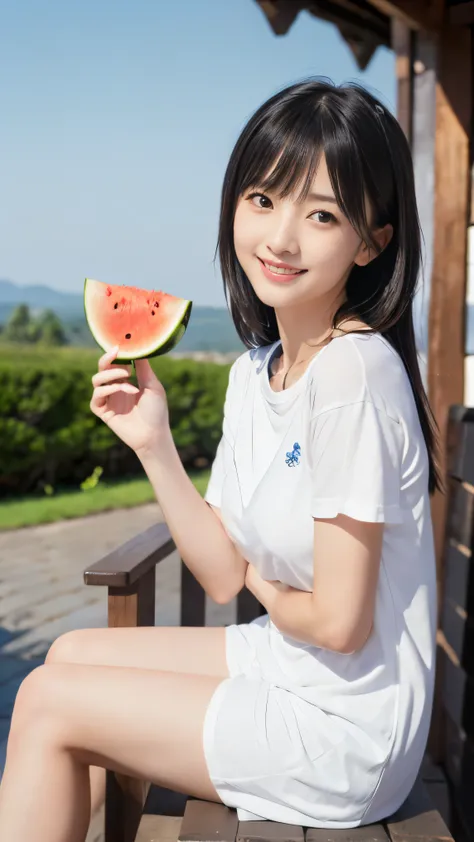 (Close up portrait of slender small-breasted two side up black medium hair with bangs girl in a white T-shirt:1.5)、(The girl is sitting and eating the piece of big watermelon holding by both hands with happy smile at the Japanese style old verandah of old ...