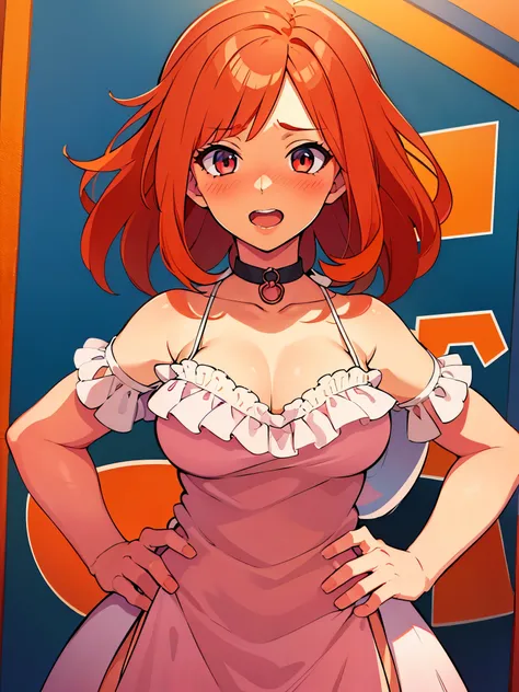 (embarrassed), red hair, orange hair, WeriArt Style, 1girl, blush, upper body, highly detailed eyes, hires, collarbone, frilled dress, open mouth