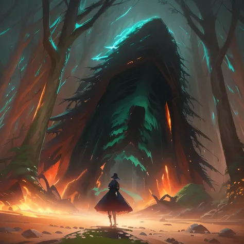  a close up of a person standing in a forest with a fire, Epic anime artwork, ,  a sinister fantastic illustration , forest portal ,   official work of the Touhou project  , an evil forest ,  art concept of a dark forest ,  deep in the woods , anime fantas...