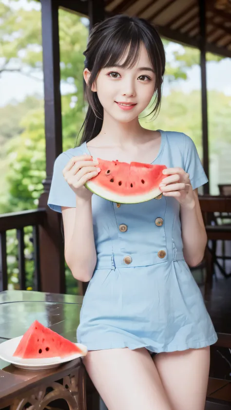 (Close up portrait of slender small-breasted two side up black medium hair with bangs girl in a white T-shirt:1.5)、(One girl is eating the cake of big watermelon with open her mouth happy smile at the verandah of old country house in Japan:1.5)、(Summer bea...