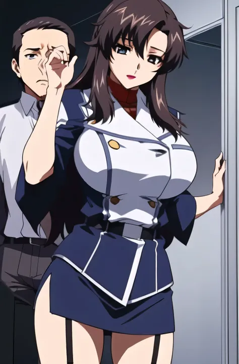 （ inviting pose）,（ Big Breasts Bigger Breasts   ）,（Shorter skirt length ）, （2 human arms       ）,（American Police）,（Black underwear with a garter belt can be seen from the black enamel miniskirt ）,（ light blue button-down shirt  ）,  American police uniform...