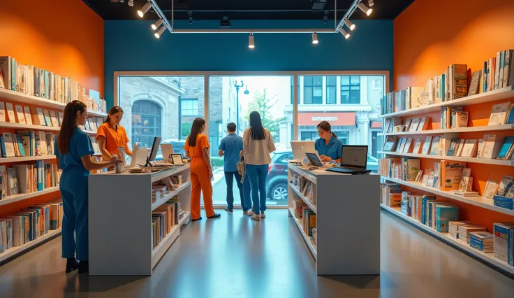  store specializing in the sale of Tests , Psychological Tests ,  Books and Documents for Psychological Evaluation, The Psychostore.WITH, modern on orange and blue walls , with large shelves,  espacios amplios y de lectura WITHo si fuera una bibloteca mode...