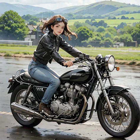 Vintage Bikes、victory、Isle of Man Races、(A young female rider speeds along on a motorcycle)、Leather jumper、Cromwell helmet with goggles、After the Rain、English countryside、